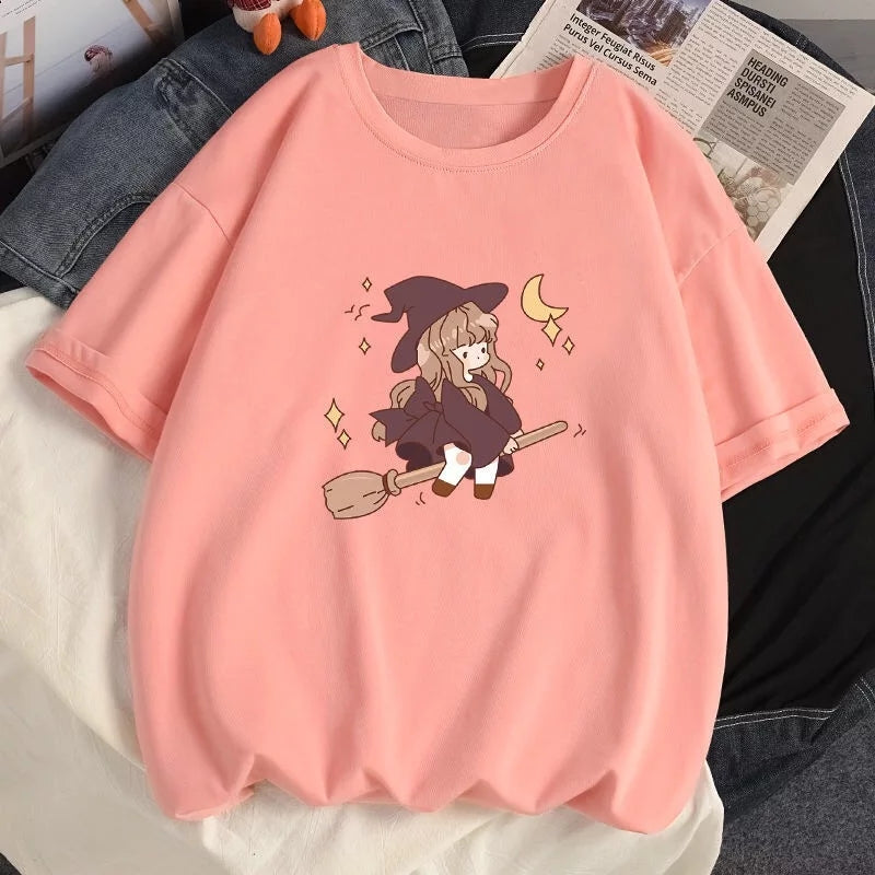 Cute Witch Anime Girl Cresent Moon Print Oversized Short Sleeve Shirt Summer Aesthetic Casual E-Girl Kawaii Korean Japanese Harajuku
