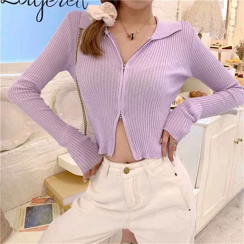 Blue Double Zipper Ribbed Jacket