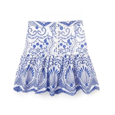 Blue Flower Embroidery Pleated Mini Skirt