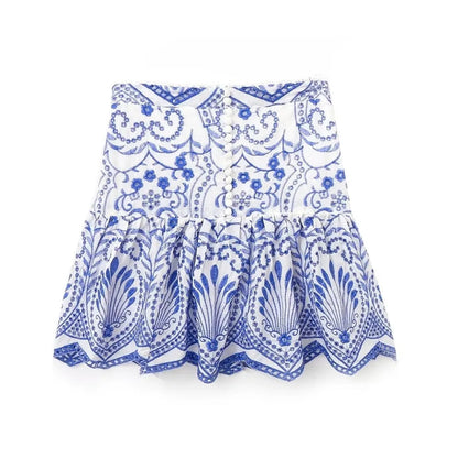 Blue Flower Embroidery Pleated Mini Skirt