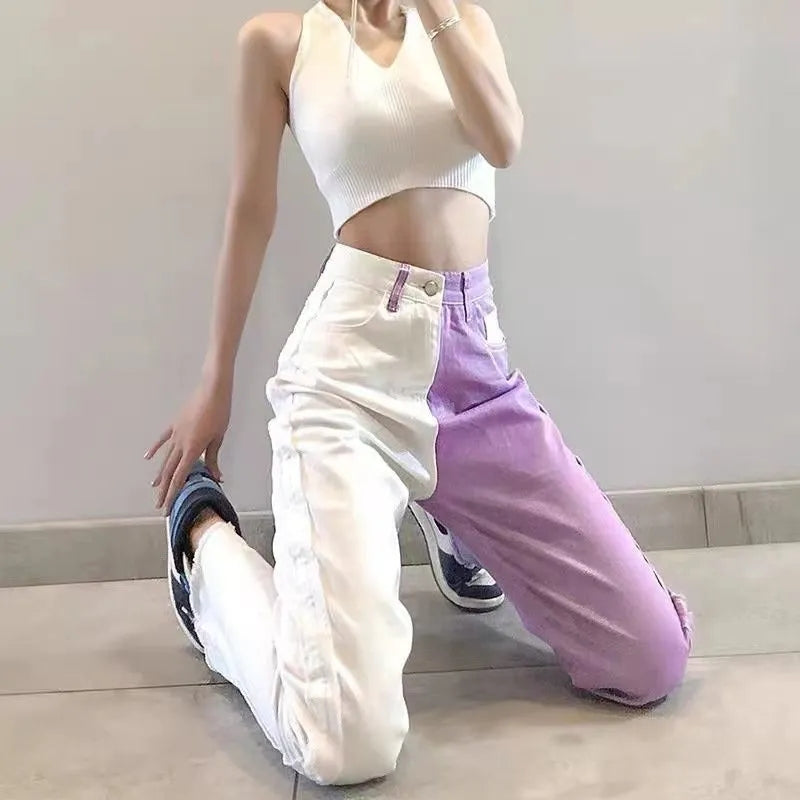 Purple & White Patchwork Straight Wide Leg Pants
