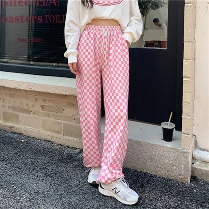 Pink Gingham Loose High Waist Pants