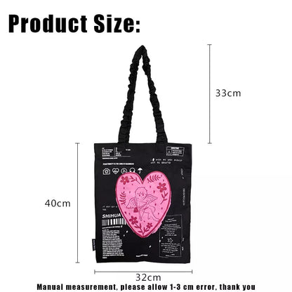 Cute Cupid Angel Love Heart Print Canvas Tote Shoulder ECO Bag 90s Retro Vintage Aesthetic Casual Summer E-Girl Kawaii Korean Japanese Harajuku