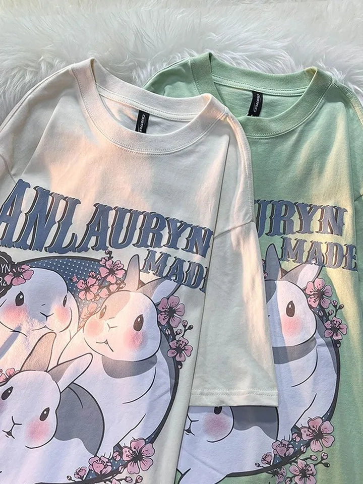 Rabbit Floral Print Short Sleeve T-shirt