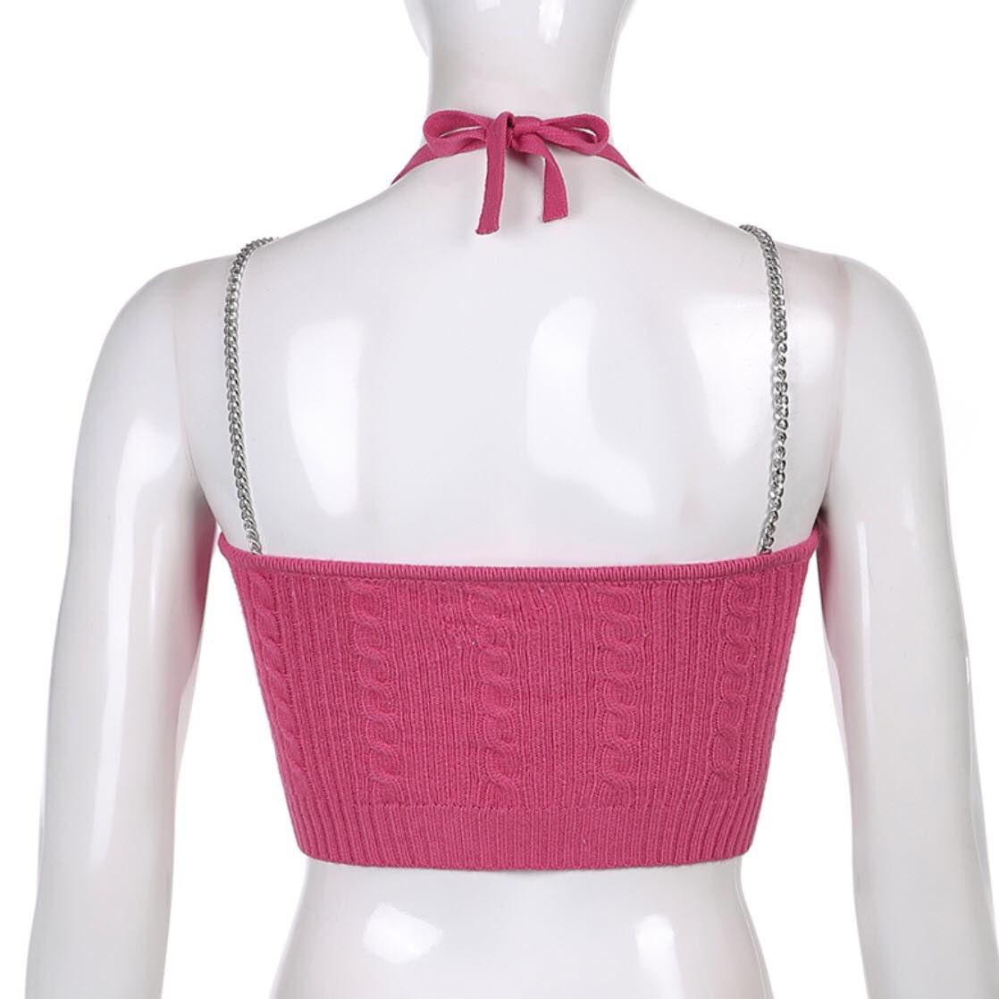 90s Pink Chain Knit Halter Crop Top Backless Tank Sleeveless Shirt Summer Aesthetic Casual E-Girl Kawaii Korean Japanese Harajuku