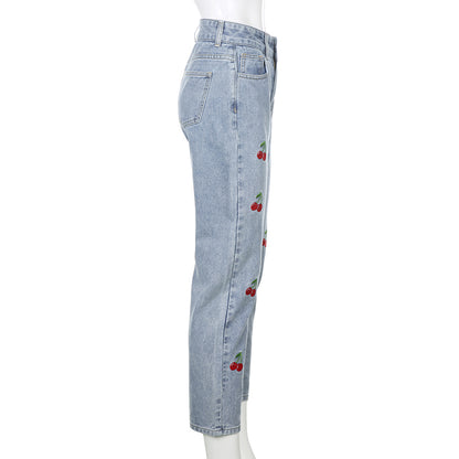 Cute Sweet Vintage Cherry Embroidery Light Washed Blue Denim Jeans High Waisted Cargo Slim Bottom E-Girl Kawaii Korean Japanese Harajuku Streetwear