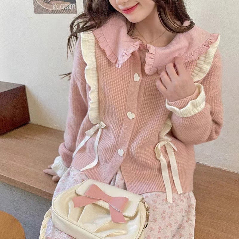 Pink Lace Up Ruffle Sweater