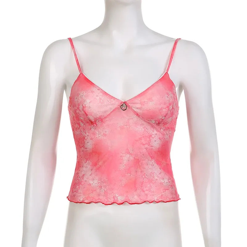 Pink Floral Mesh Sheer V-Neck Crop Top