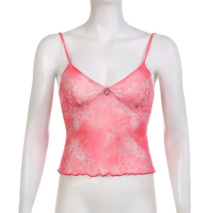 Pink Floral Mesh Sheer V-Neck Crop Top