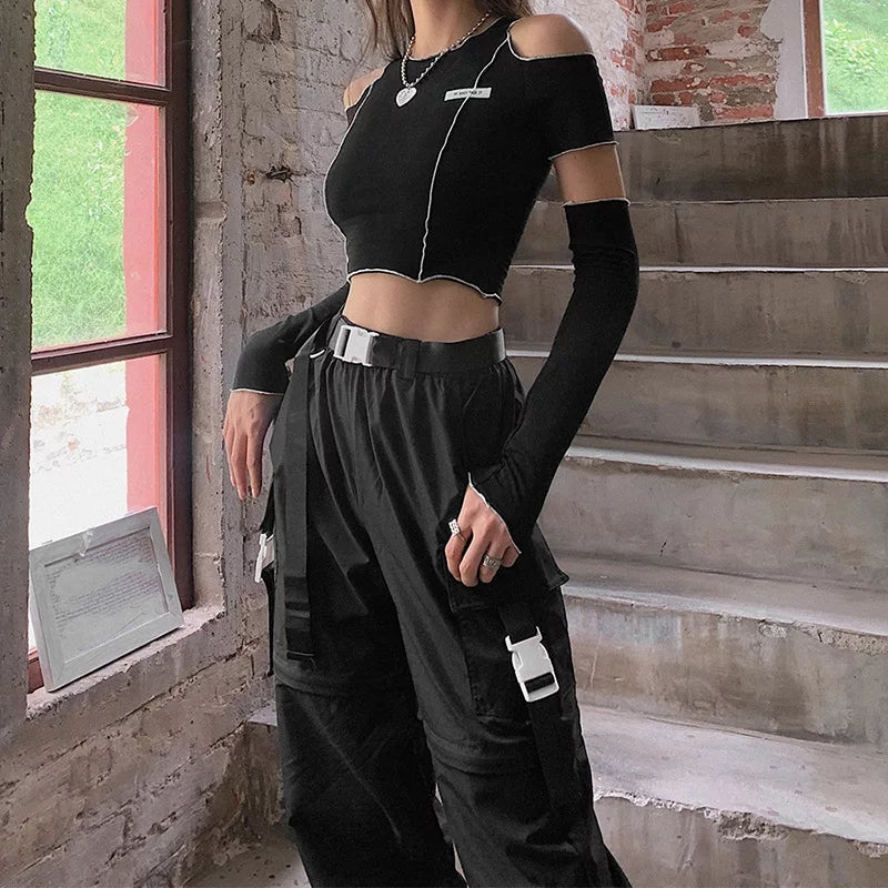 Cute Black Patchwork Cut Shoulder Crop Top Short Sleeve Shirt Punk Goth Summer Aesthetic Casual E-Girl Kawaii Korean Japanese Harajuku