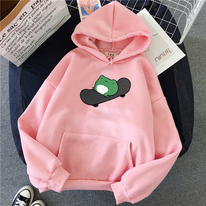 Skateboard Frog Cartoon Casual Loose Oversized Hoodie Sweater Sweatshirt Long Sleeve Pullover E-Girl Kawaii Korean Japanese Harajuku Streetwear
