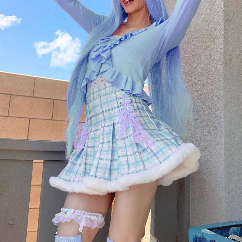 Cute Pink Plaid Feather Lace Up Pleated High Waist A-line Mini Skirt Summer Aesthetic Casual E-Girl Kawaii Korean Japanese Harajuku