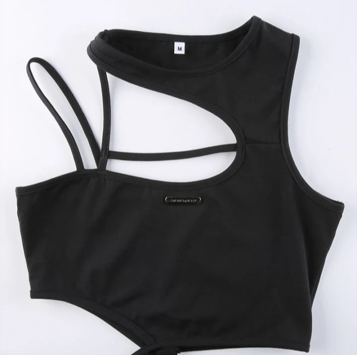 Cute Sexy Black Strappy Hollow Out Tank Crop Top Sleeveless Shirt Punk Goth Summer Aesthetic Casual E-Girl Kawaii Korean Japanese Harajuku