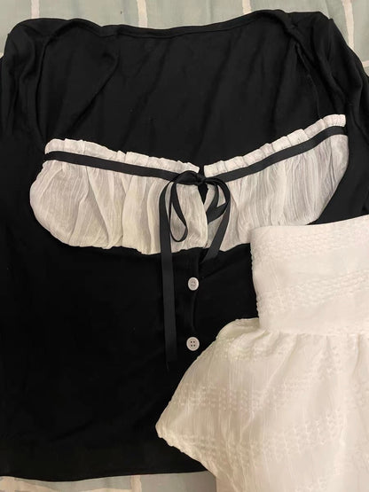 2PCS Long Sleeve Square Collar Top + Mini Tierred Ruffle Skirt