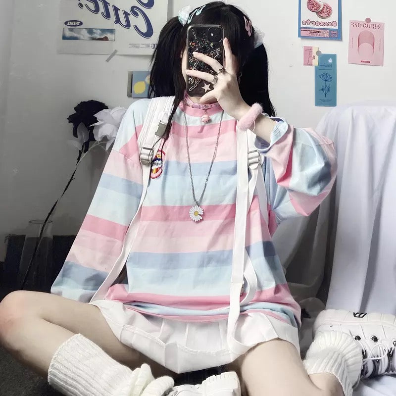 Pastel Rainbow Stripe Colorful Loose Oversize Long Sleeve Shirt T-shirt Top Embroidery Casual Autumn E-Girl Kawaii Korean Japanese Harajuku Streetwear