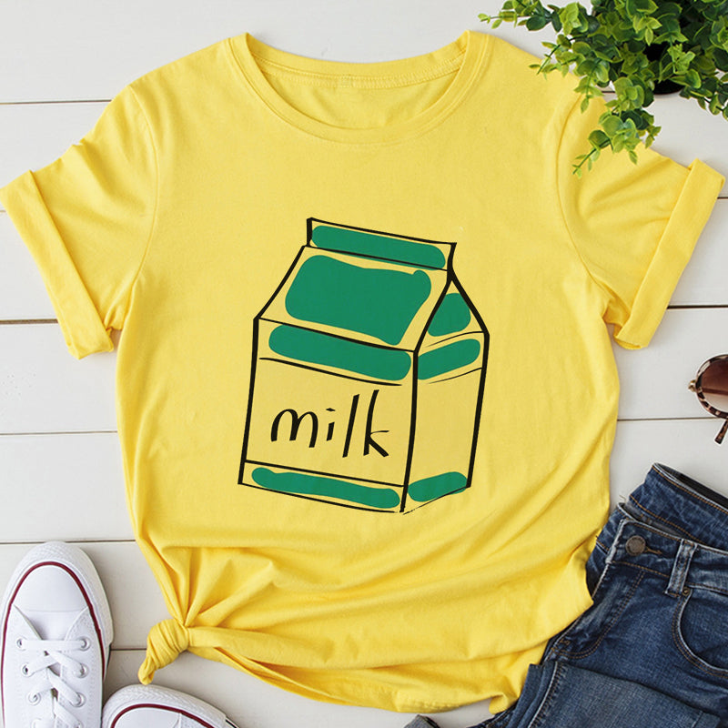 Cute Aesthetic Milk Carton Box Graphic Cartoon Print Loose Short Sleeve Short T-shirt Top Casual E-Girl Kawaii Korean Japanese Harajuku Streetwear