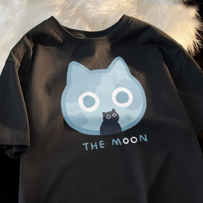 Cat Cartoon Sun Moon Print Short Sleeve T-shirt