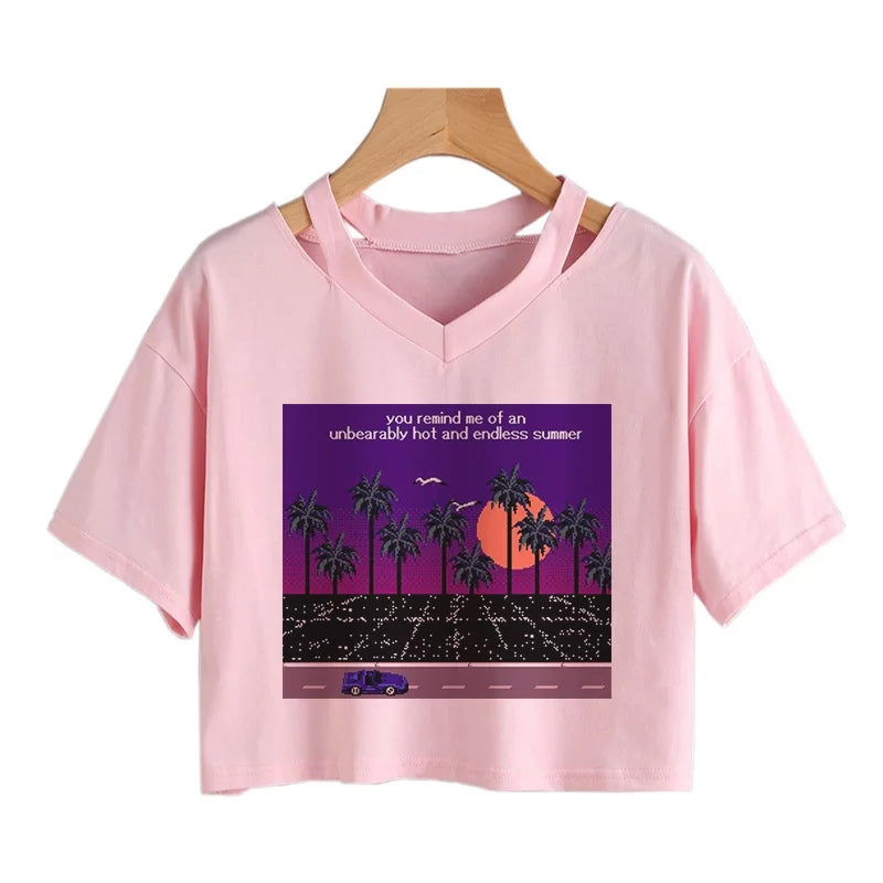 Cute Vintage Mountain Road Moon Night Sky Print Crop Top Short Sleeve Shirt Aesthetic Casual E-Girl Kawaii Korean Japanese Harajuku
