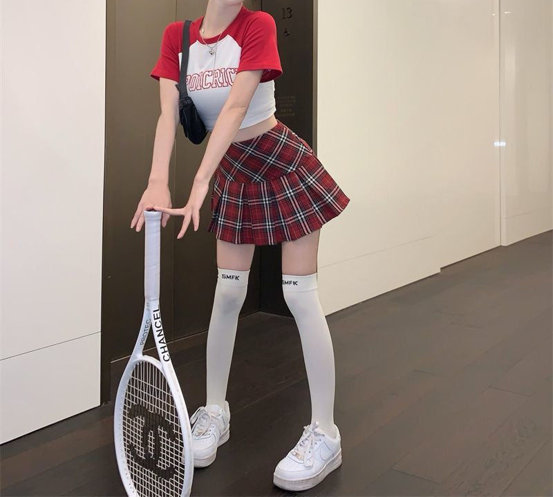 Red Plaid Pleated Mini Skirt