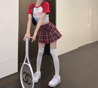 Red Plaid Pleated Mini Skirt