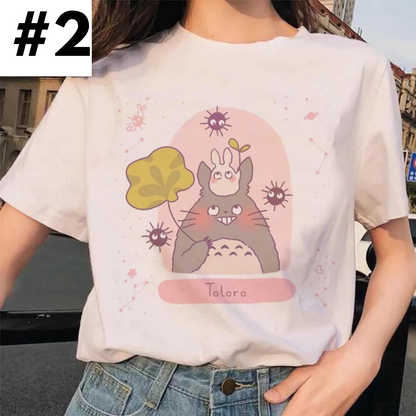 Cute Japanese Anime Cartoon Graphic Print Loose White Short Sleeve Shirt