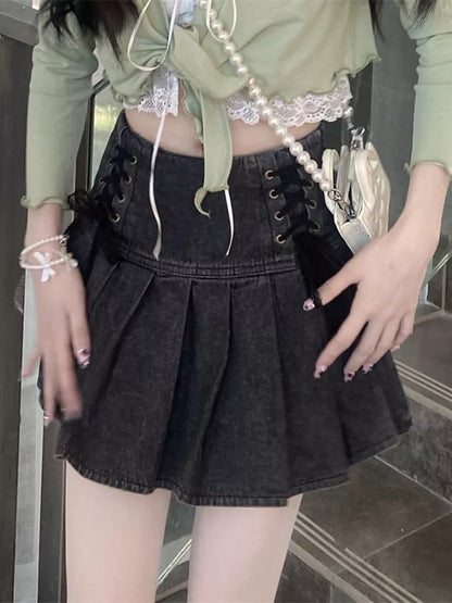 Lace Bandage High Waist Denim Skirt