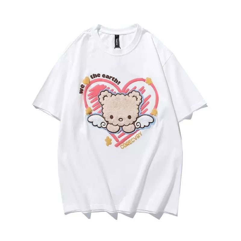 Cute Plush Bear Angel Love Heart Print Sleeveless Short Sleeve Shirt Top Aesthetic Casual E-Girl Kawaii Korean Japanese Harajuku