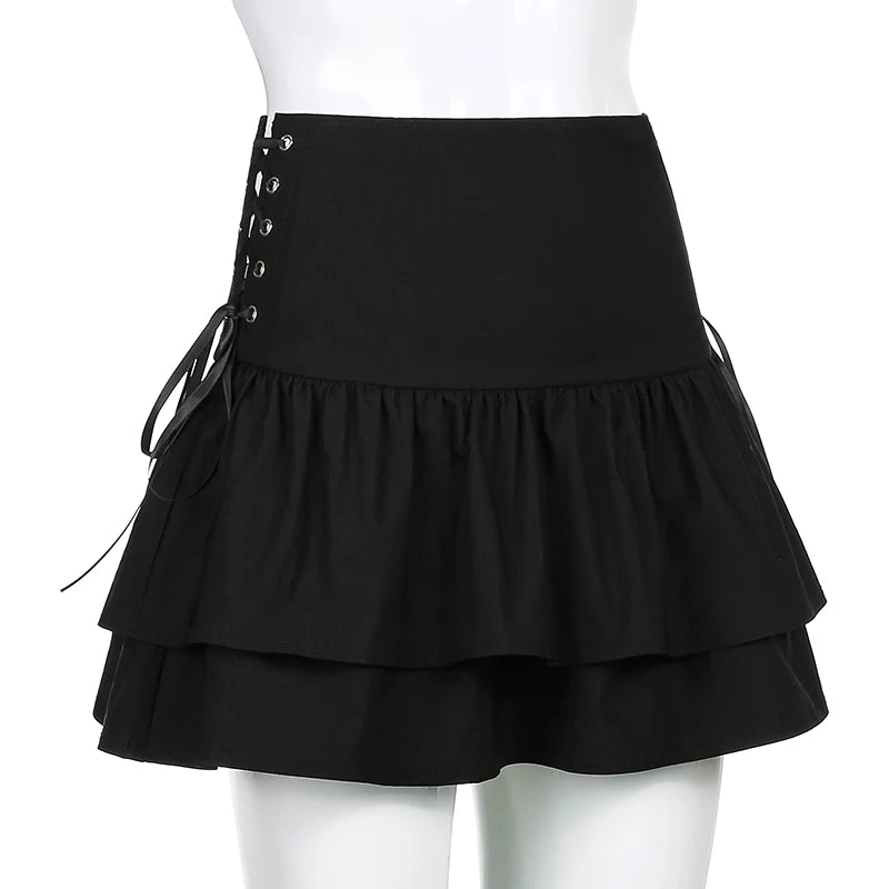 Cute 90s Lace Up Ruffles High Waist Mini Skirt Goth Punk Summer Aesthetic Casual E-Girl Kawaii Korean Japanese Harajuku