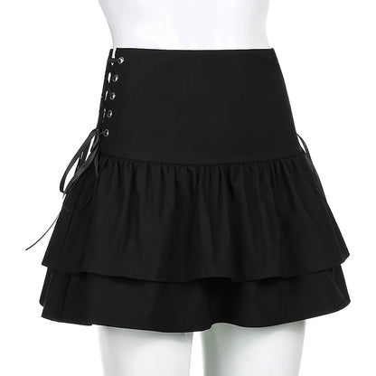 Cute 90s Lace Up Ruffles High Waist Mini Skirt Goth Punk Summer Aesthetic Casual E-Girl Kawaii Korean Japanese Harajuku