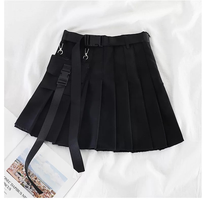 Cute Black Safari Kpop High Waisted Pleated Mini Skirt Goth Punk E-Girl Kawaii Korean Japanese Harajuku Chinese Retro Streetwear Aesthetic