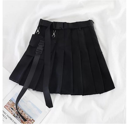 Cute Black Safari Kpop High Waisted Pleated Mini Skirt Goth Punk E-Girl Kawaii Korean Japanese Harajuku Chinese Retro Streetwear Aesthetic