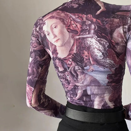 Purple Victorian Print Mesh Long Sleeve Shirt