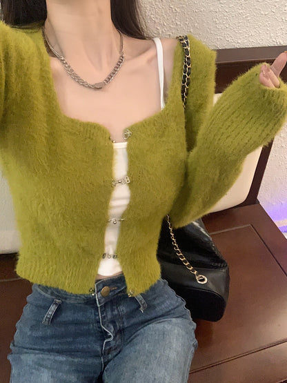 Fluffy Green Buckle Cropped Sweater