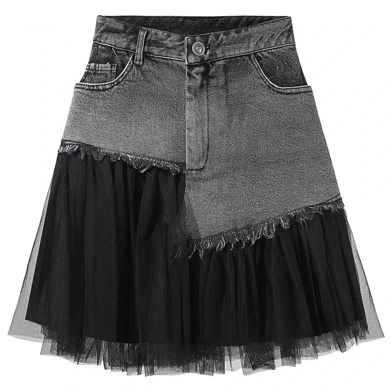Black Tulle Patchwork Denim Skirt