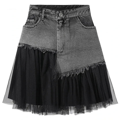 Black Tulle Patchwork Denim Skirt