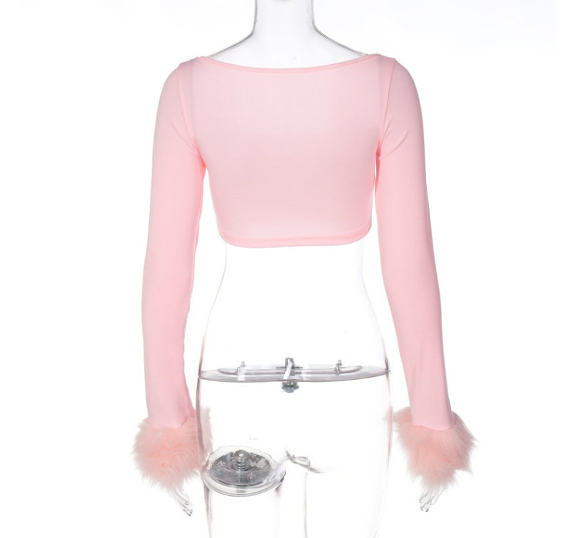 Pink Furry Cuff Long Sleeve Crop Top