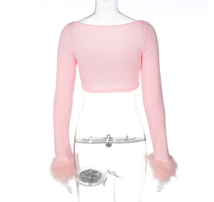 Pink Furry Cuff Long Sleeve Crop Top