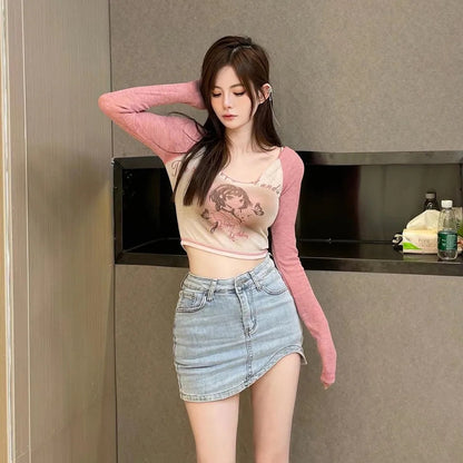 Anime Print Square Neck Long Sleeve Shirt