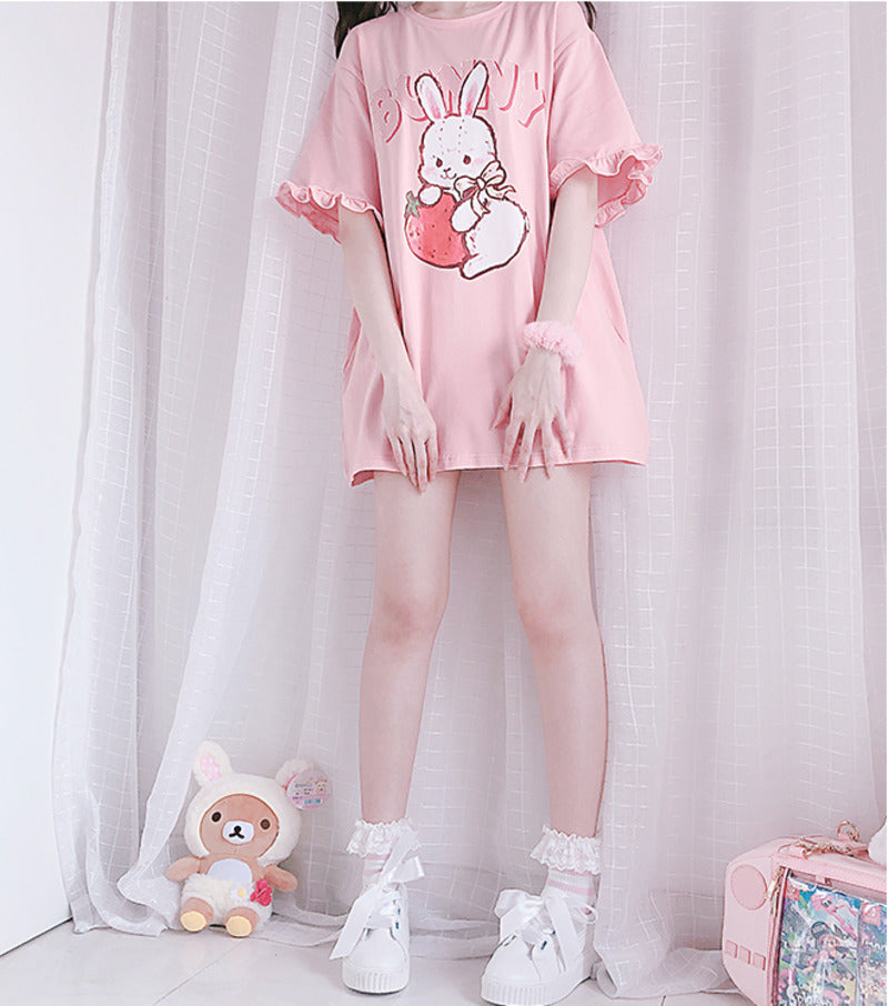 Pink Rabbit Ruffle Loose Short Sleeve T-shirt