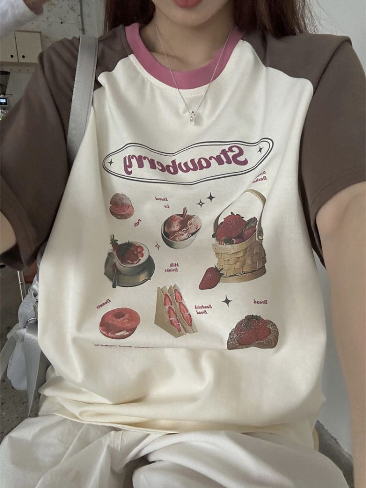 Strawberry Cake Print Short Sleeve T-shirt