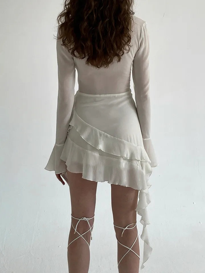 White Ruffle A-Line Chiffon Long Sleeve Flare Dress