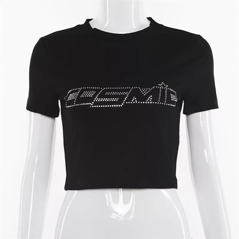 Cute Sexy Black Cosmic Letter Sequin Crop Top T-shirt Short Sleeve Shirt Kawaii Korean Japanese Harajuku Chinese Retro Streetwear Aesthetic Fashion