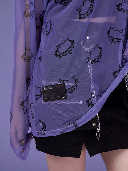Transparent Mesh Heart Long Sleeve Shirt
