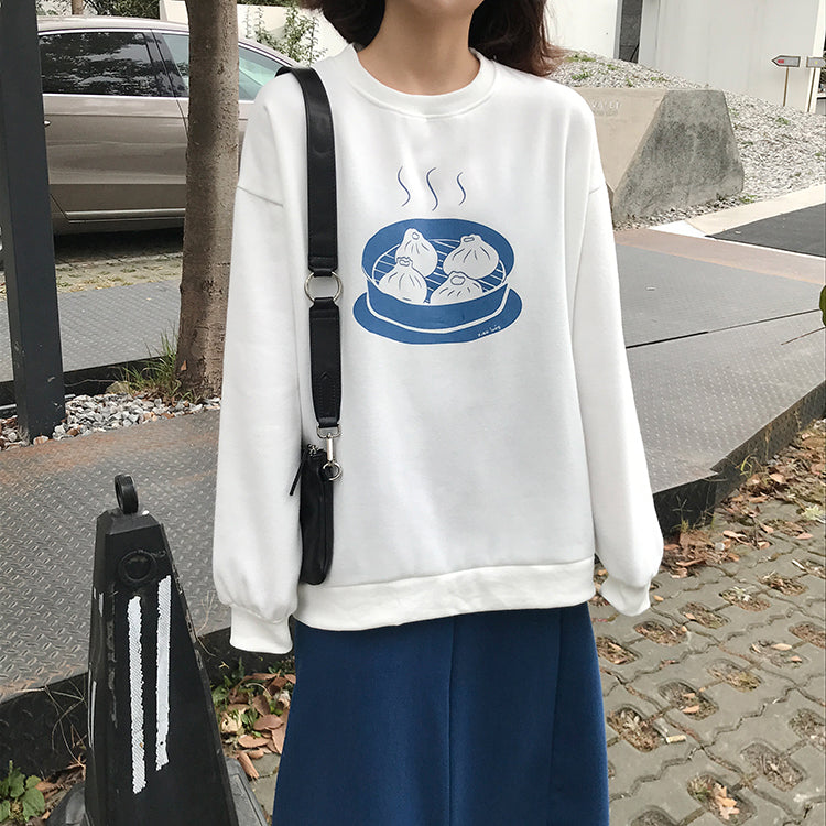 Dumpling Ramen Food Cartoon Print Loose Oversized Long Sleeve Sweatshirt Sweater Pullover Causal E-Girl Kawaii Korean Japanese Harajuku Streetwear