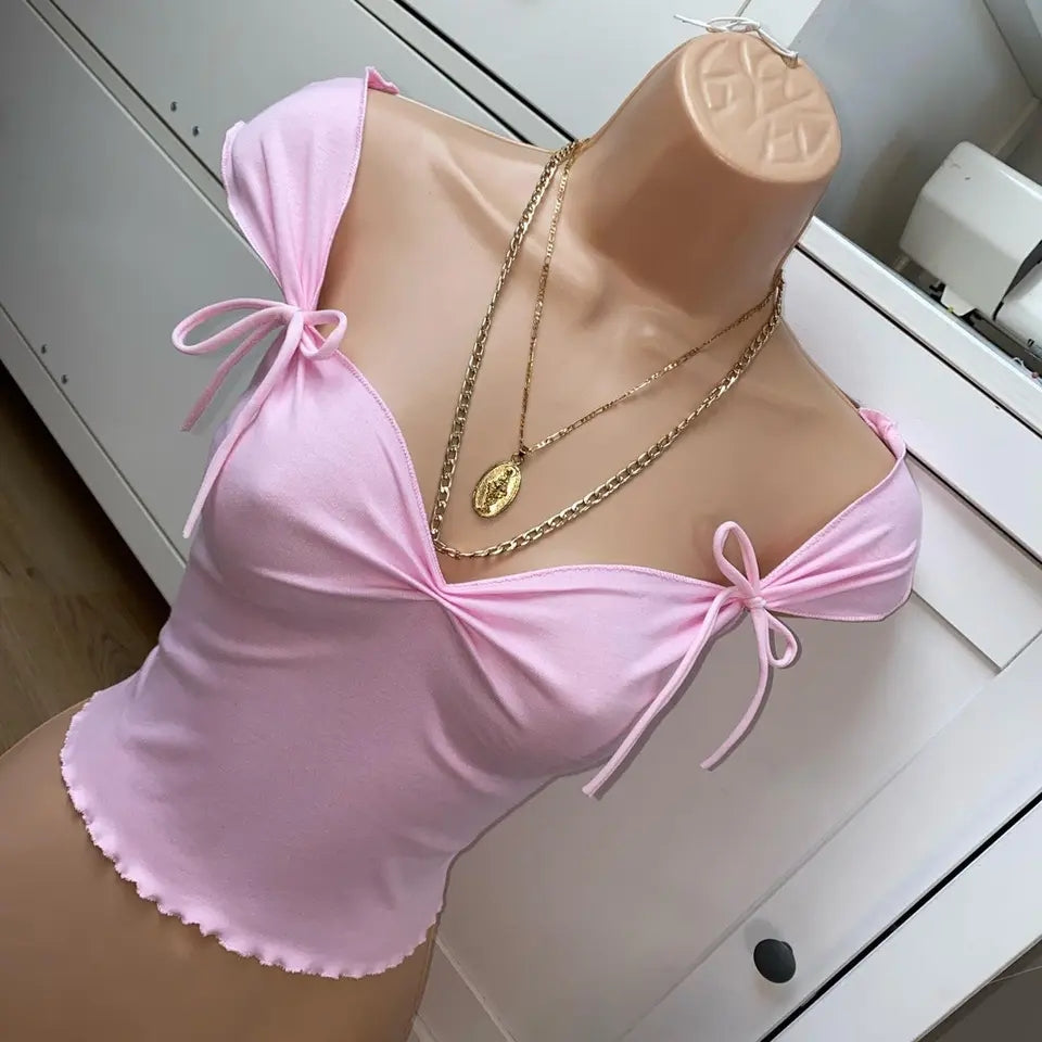 Pink Bow Square Neck Ruched Crop Top