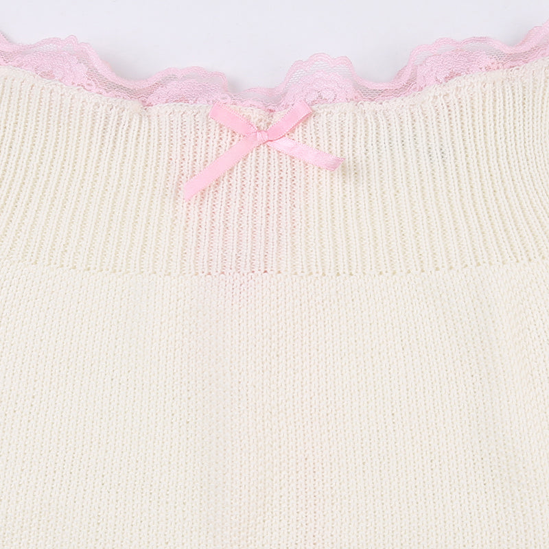 White Knit Bow Ribbed Trim Low Waist Mini Skirt