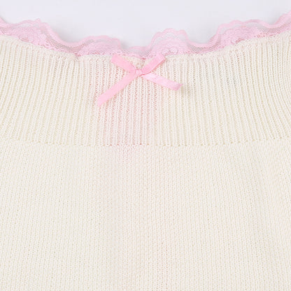 White Knit Bow Ribbed Trim Low Waist Mini Skirt