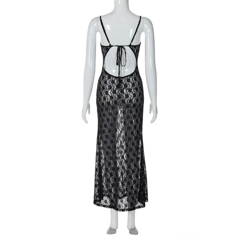 Black Floral Mesh Lace Backless Slip Dress