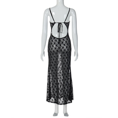 Black Floral Mesh Lace Backless Slip Dress