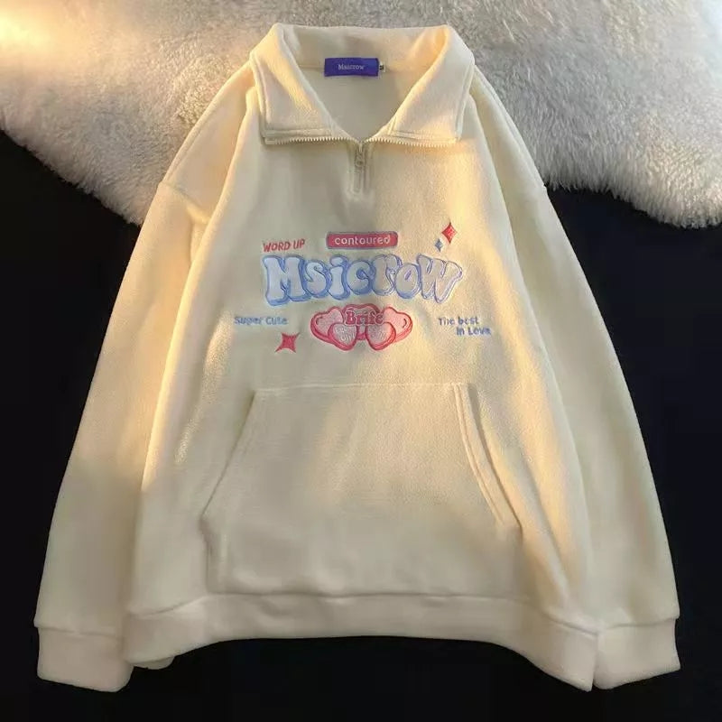 Love Heart Letter Embroidery Loose Long Sleeve Pullover